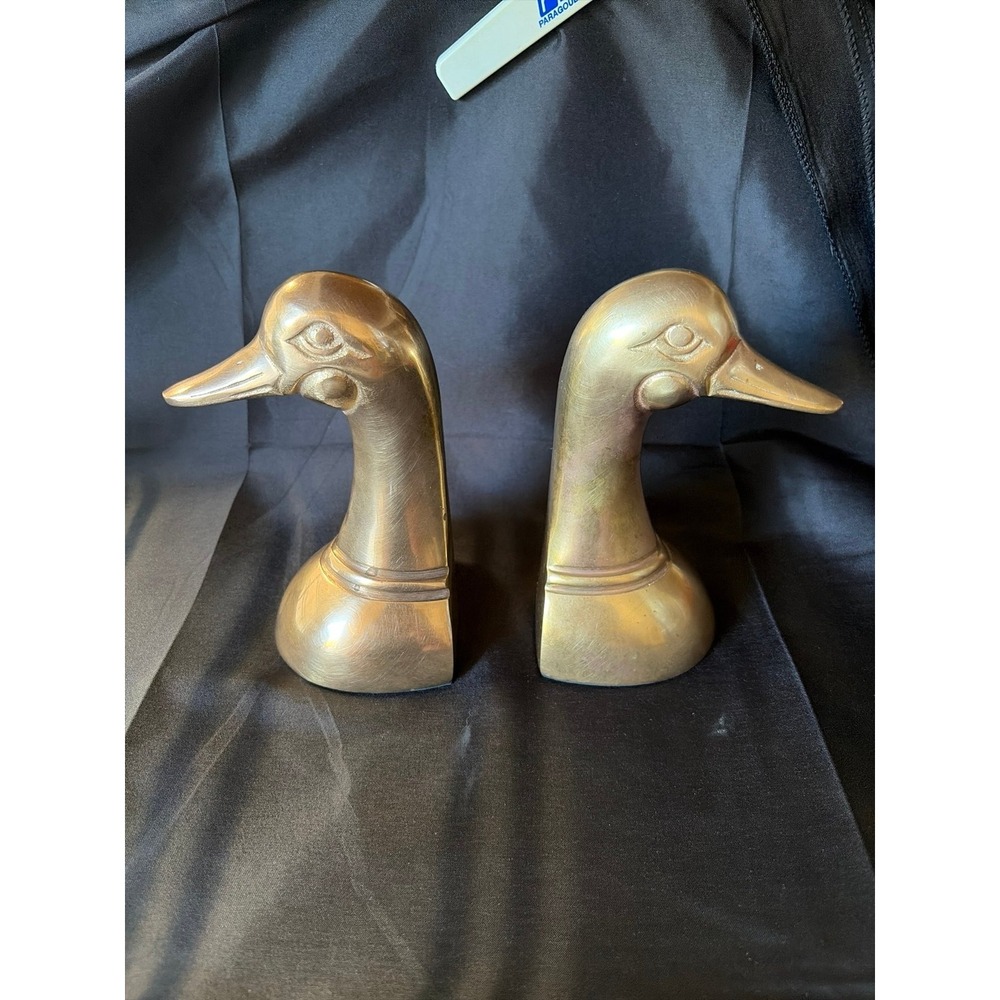 Vintage Hollywood Regency solid brass mallard duck head bookends